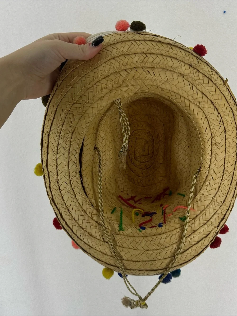 Vintage Mexico Straw Sombrero Pom Pom Fiesta Hat One Size